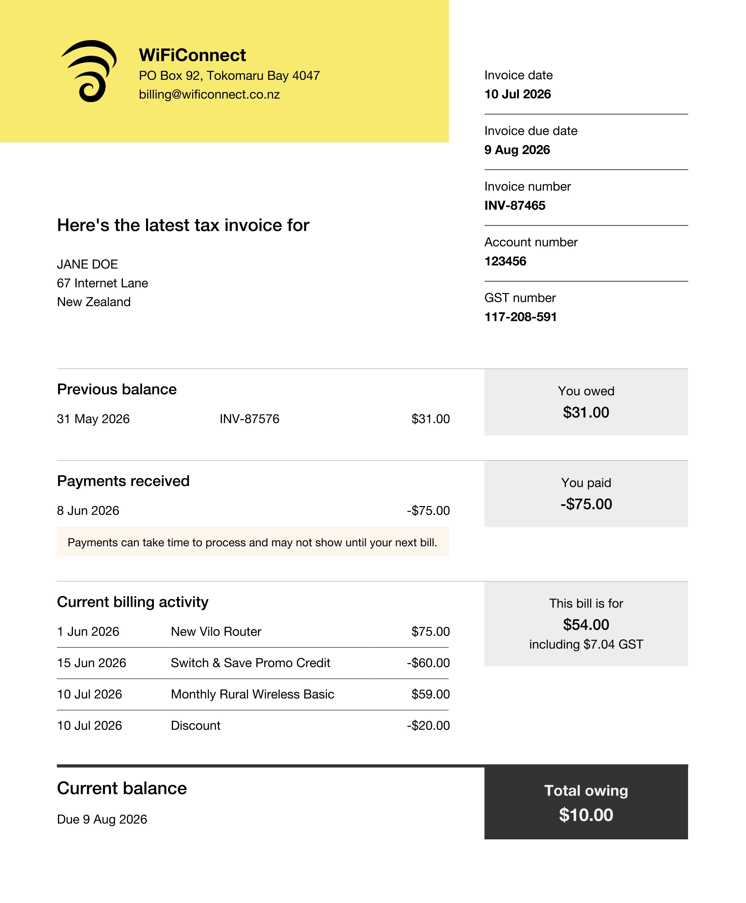Updated invoice for WiFiConnect internet NZ