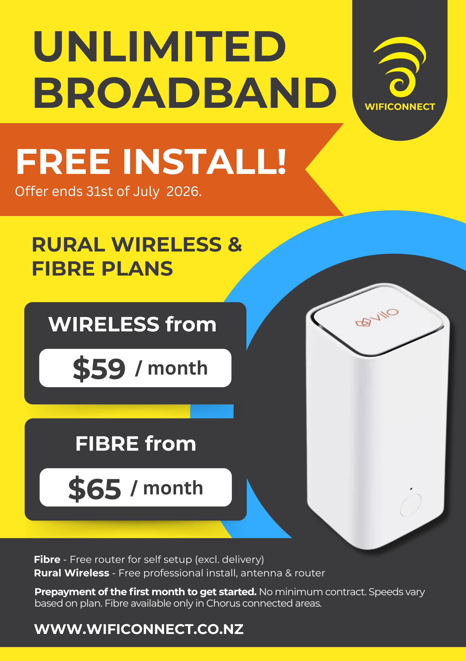 Free install promotional flyer for WiFiConnect internet NZ